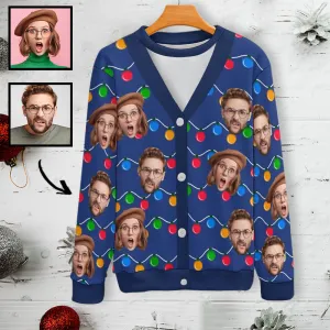 Custom Face Christmas Colored Lights Pattern Fake Cardigan Unisex Crew Neck Sweater