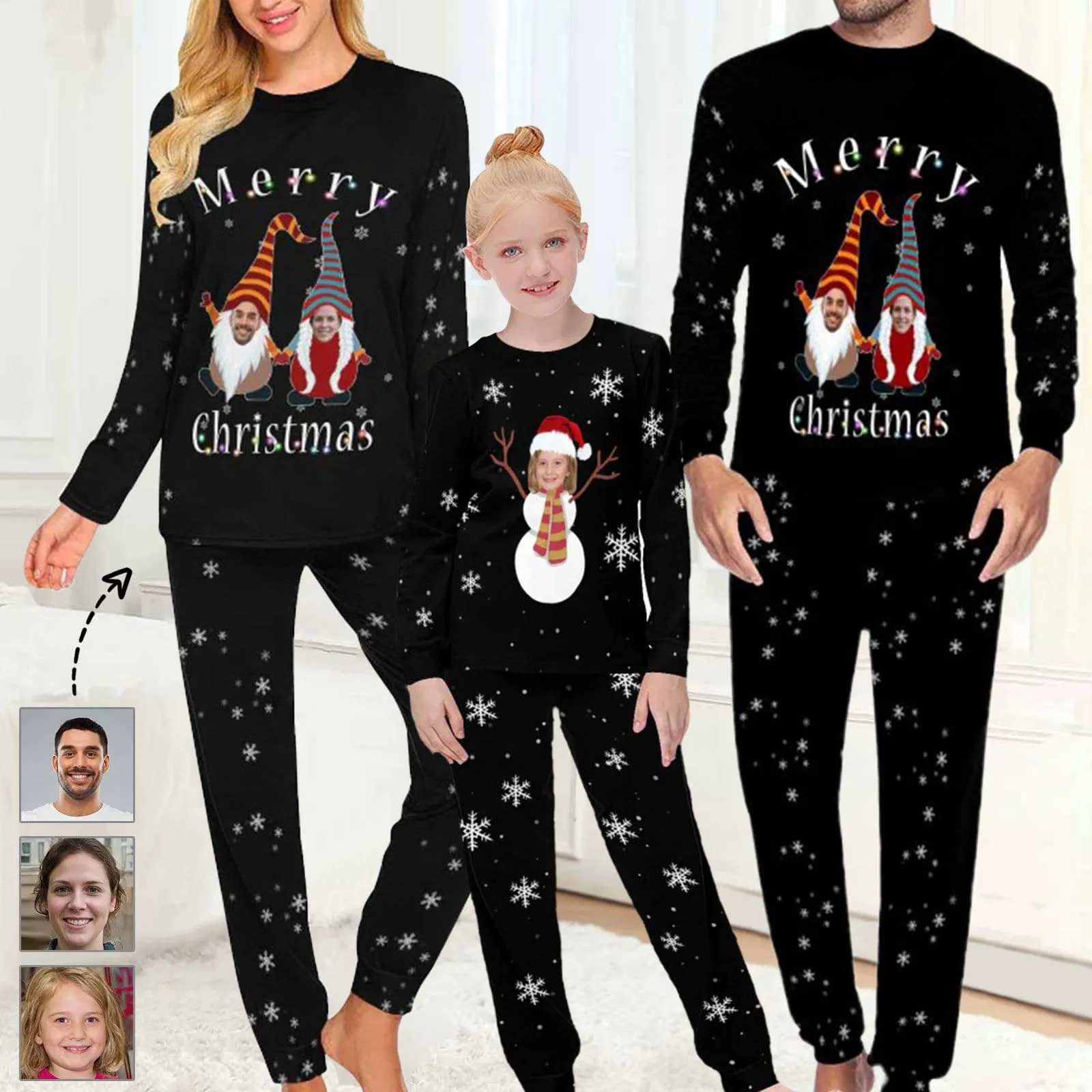 Custom Face Christmas Dwarf&Snowman Sleepwear Personalized Family Slumber Party Matching Long Sleeve Pajamas Set