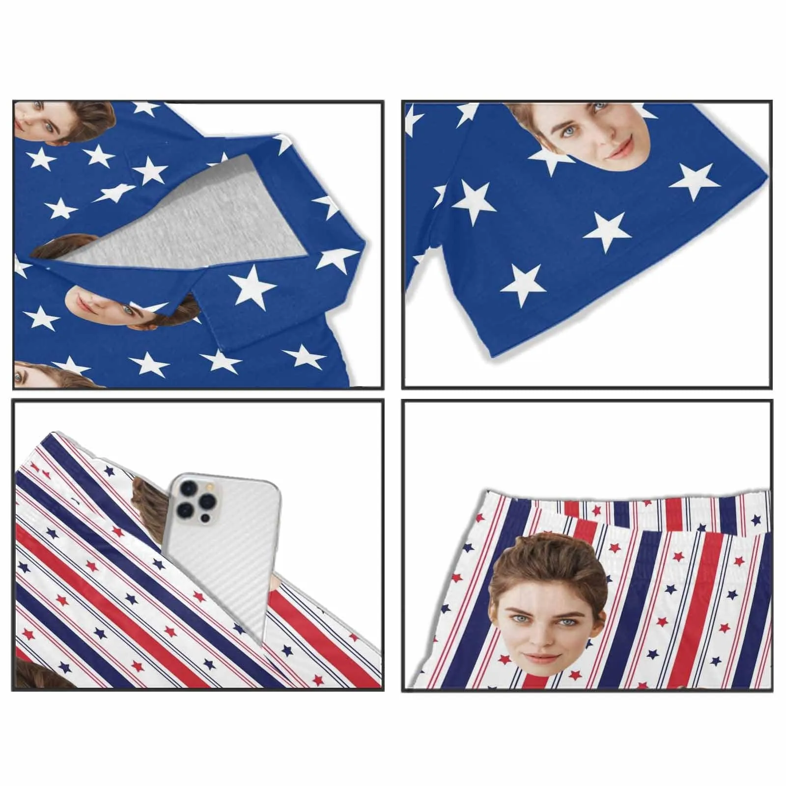 Custom Face Couple Matching Pajamas USA Flag Personalized Couple Matching V-Neck Short Pajama Set