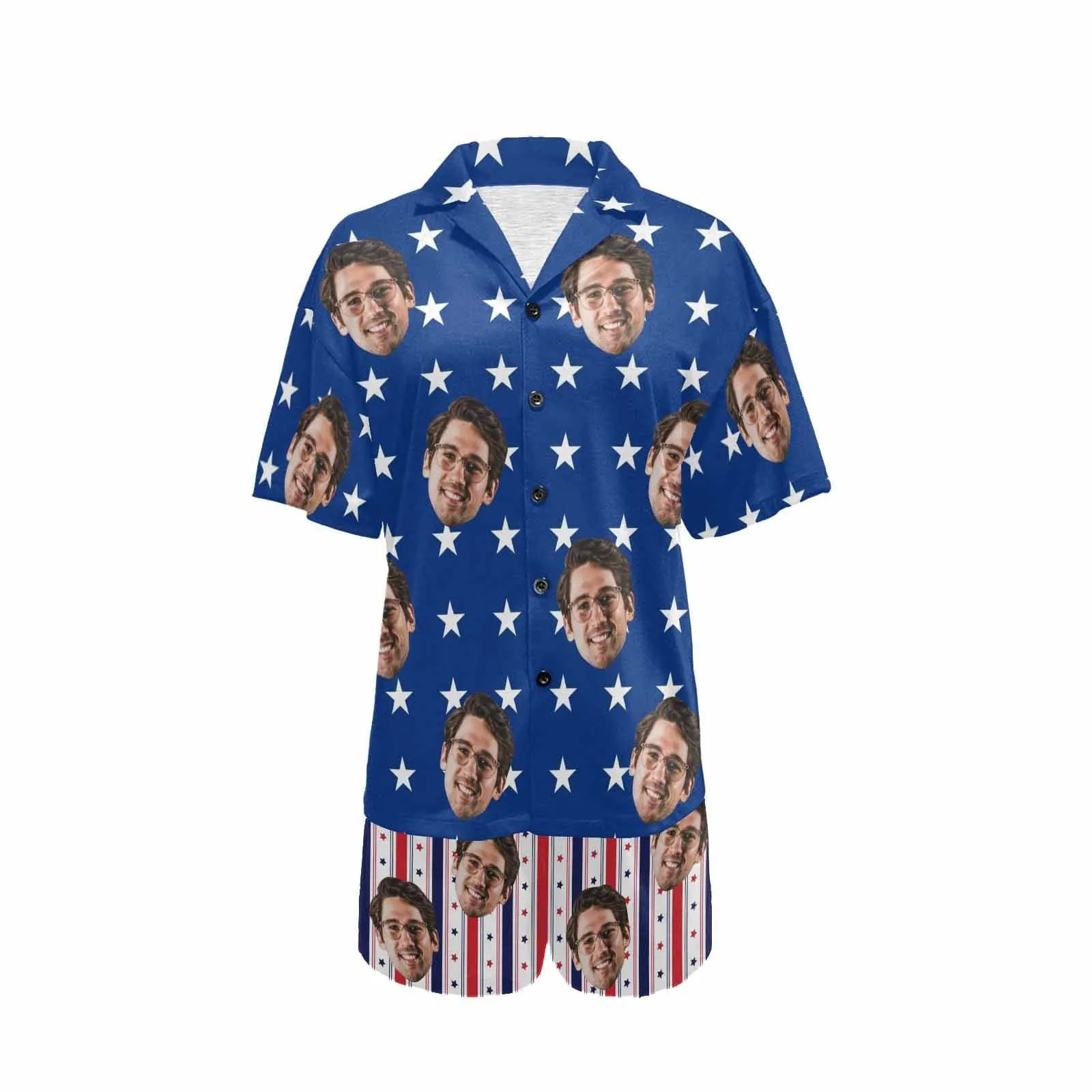 Custom Face Couple Matching Pajamas USA Flag Personalized Couple Matching V-Neck Short Pajama Set