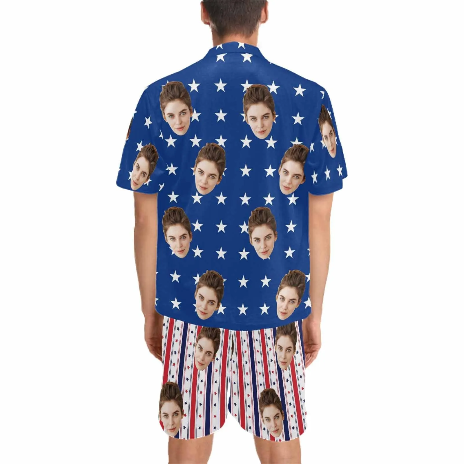 Custom Face Couple Matching Pajamas USA Flag Personalized Couple Matching V-Neck Short Pajama Set