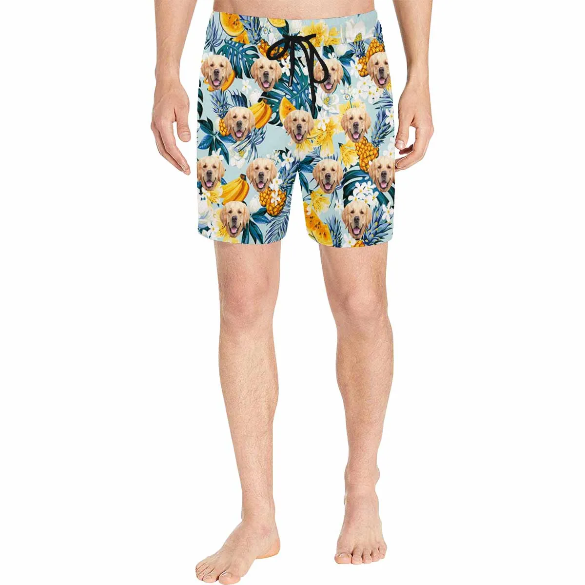 Custom Face Floral Fruits Palm Leaves Men's Mid-Length Swim Shorts - Cyan