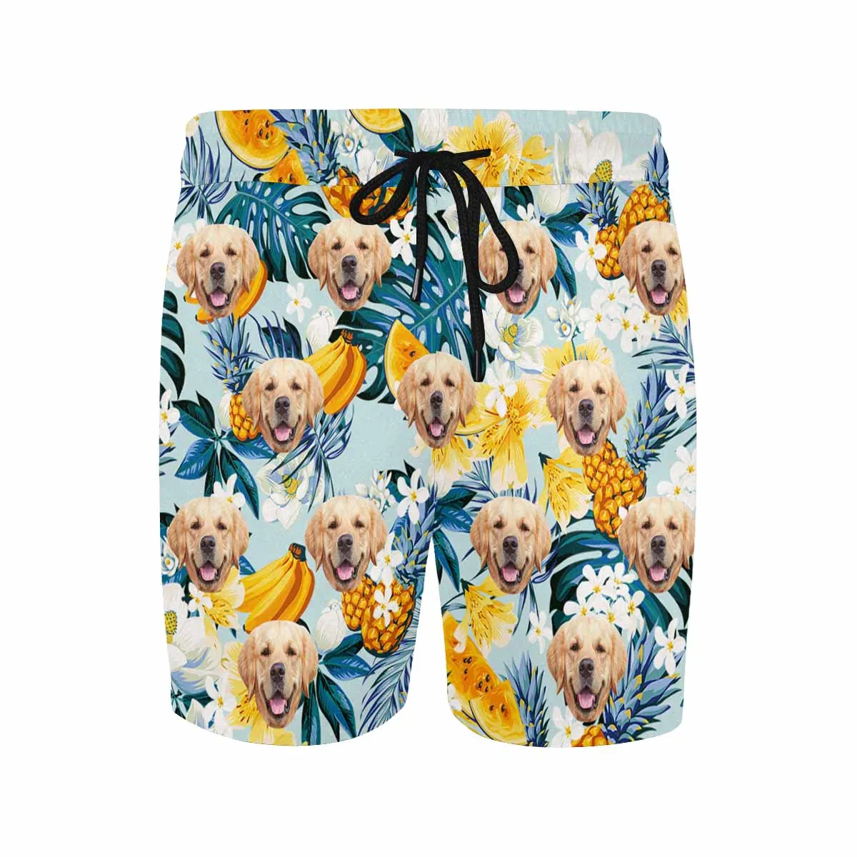 Custom Face Floral Fruits Palm Leaves Men's Mid-Length Swim Shorts - Cyan