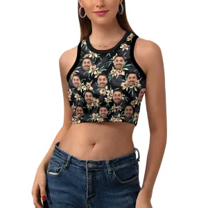 Custom Face Flower Print Women's Crop Top Tank Top - Black