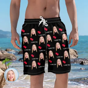 Custom Face I Love You Red Heart Men's Beach Shorts