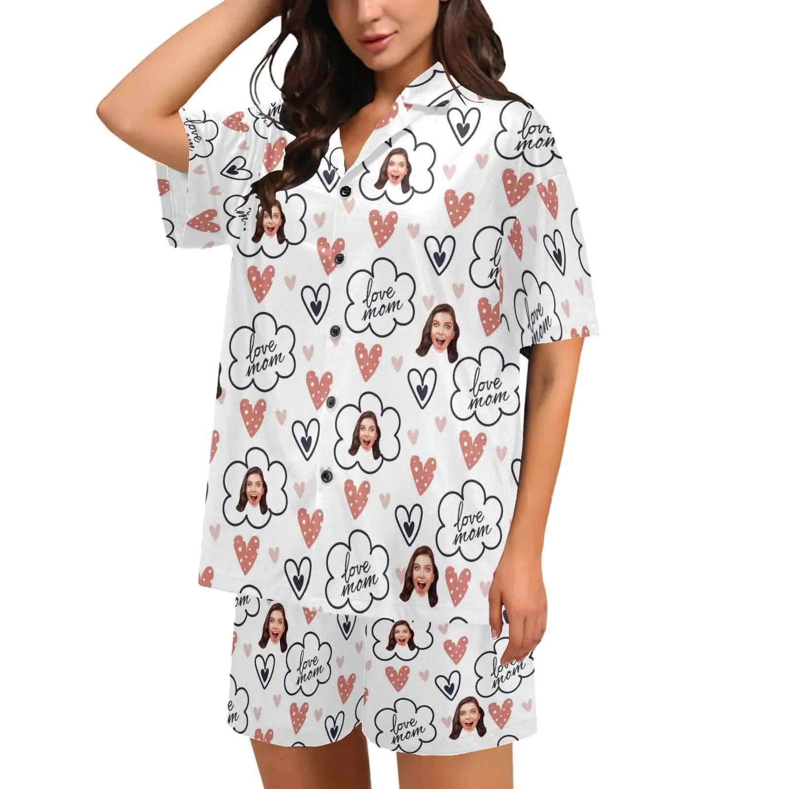 Custom Face Love MOM Women's V-Neck Short Pajama Set Mother's Day & Birthday Gift