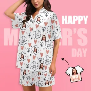 Custom Face Love MOM Women's V-Neck Short Pajama Set Mother's Day & Birthday Gift