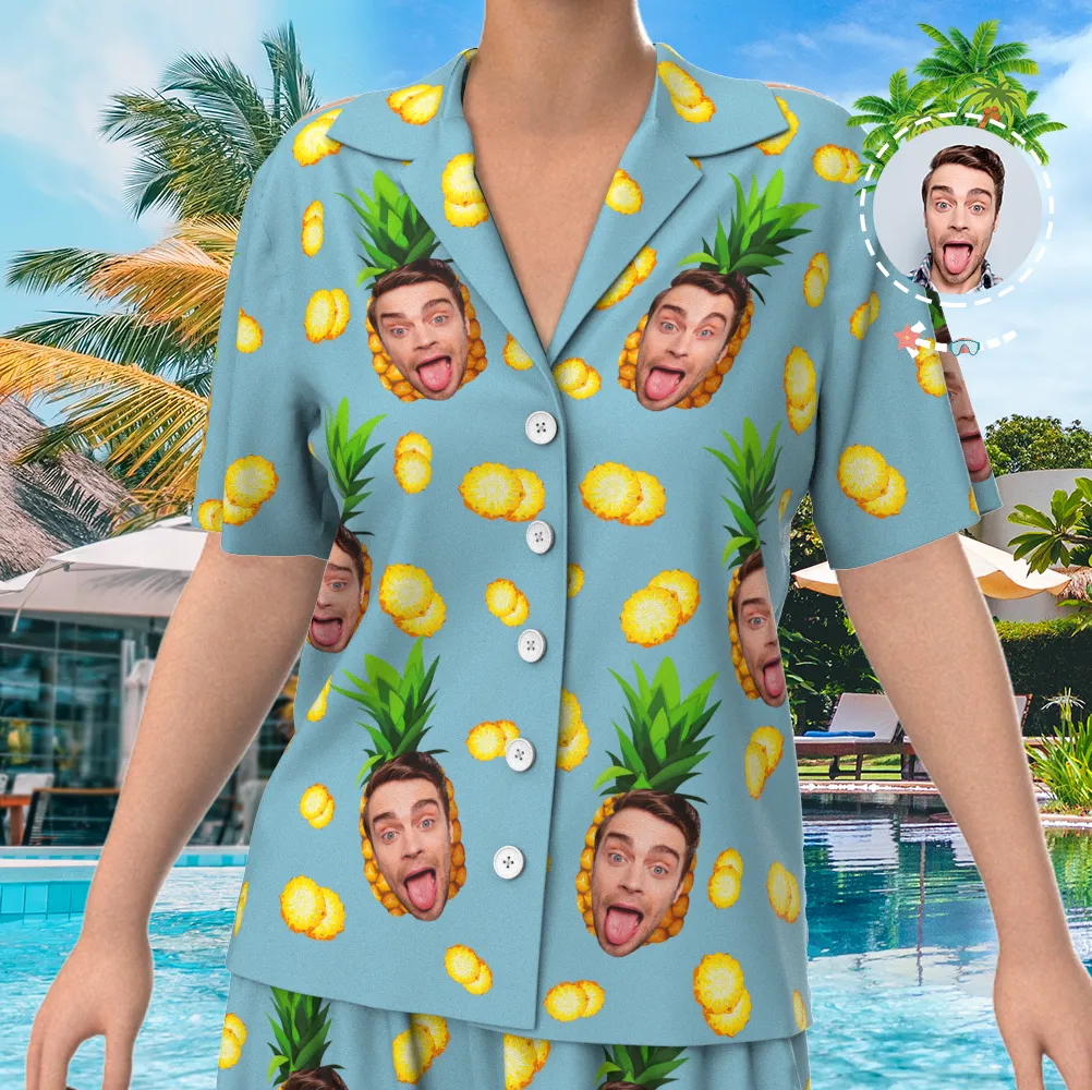 Custom Face On Pajamas, Short Sleeve Sleepwear, Button-Down Nightwear - Pineapple