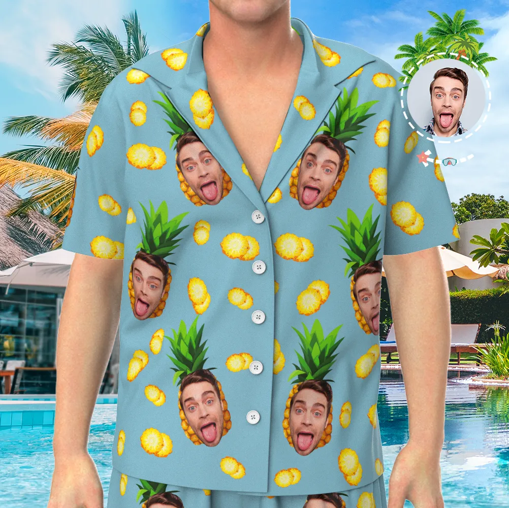 Custom Face On Pajamas, Short Sleeve Sleepwear, Button-Down Nightwear - Pineapple