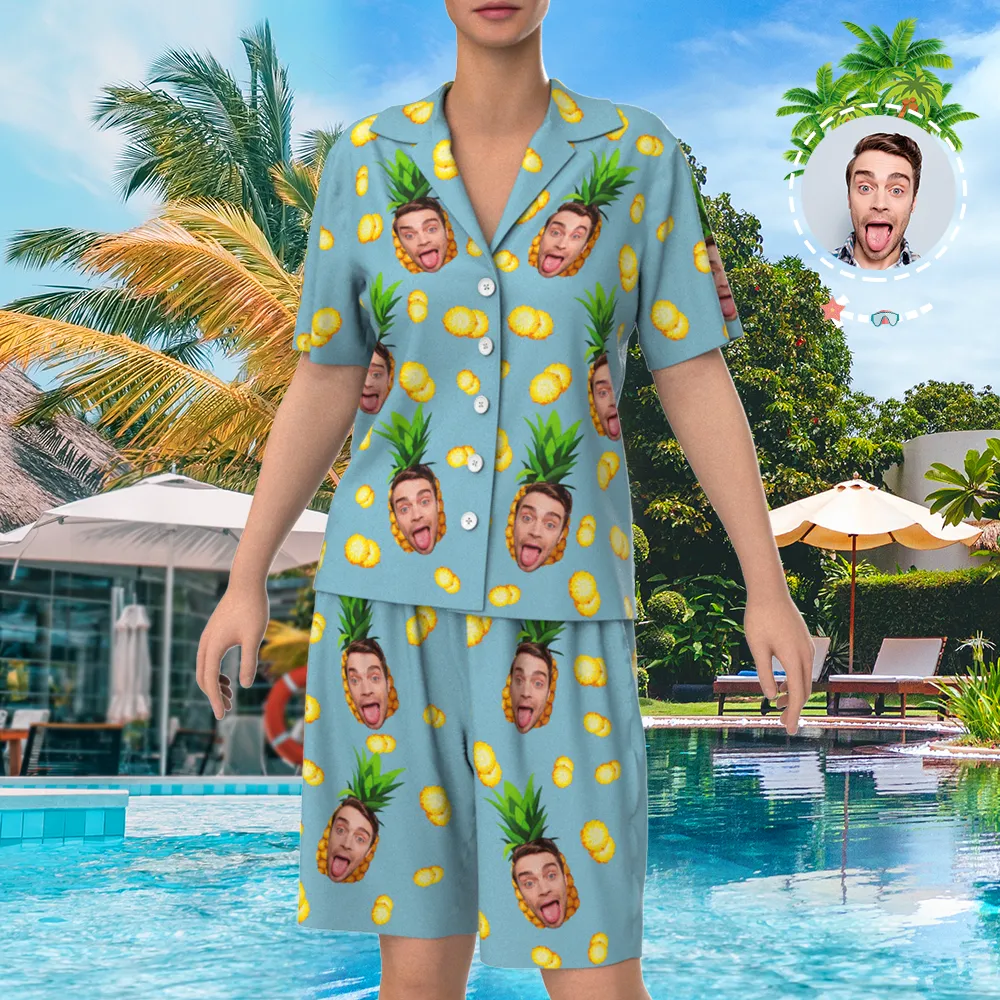 Custom Face On Pajamas, Short Sleeve Sleepwear, Button-Down Nightwear - Pineapple