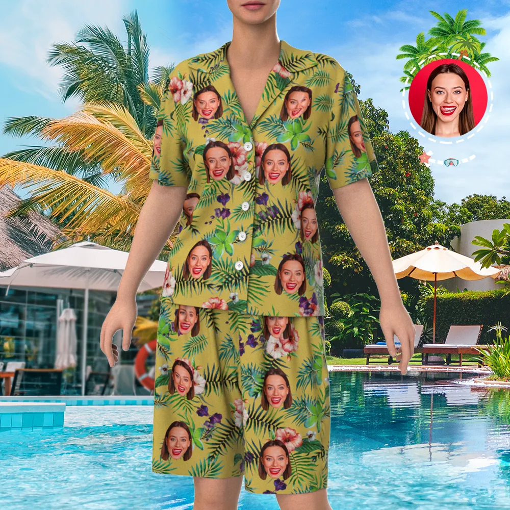 Custom Face On Pajamas Short Sleeve Sleepwear, Button-Down Nightwear - Yellow