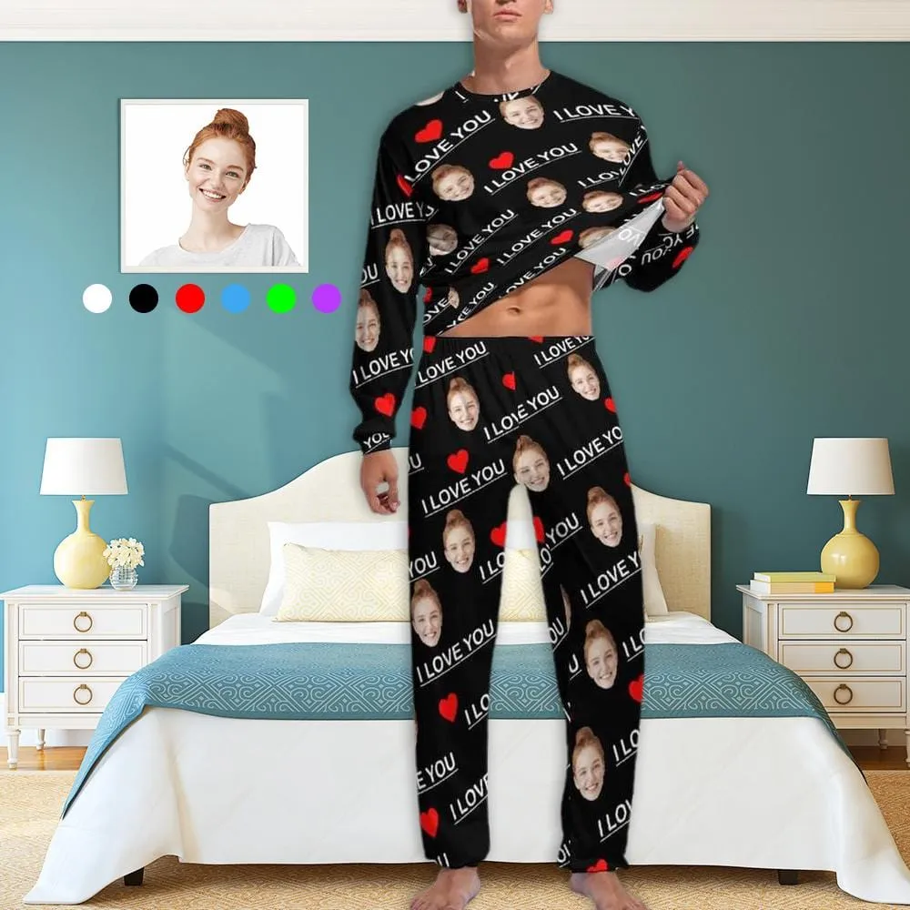 Custom Face Pajamas Personalized I Love You Men's V-Neck Short Sleeve Pajama Set Valentines Day Gift