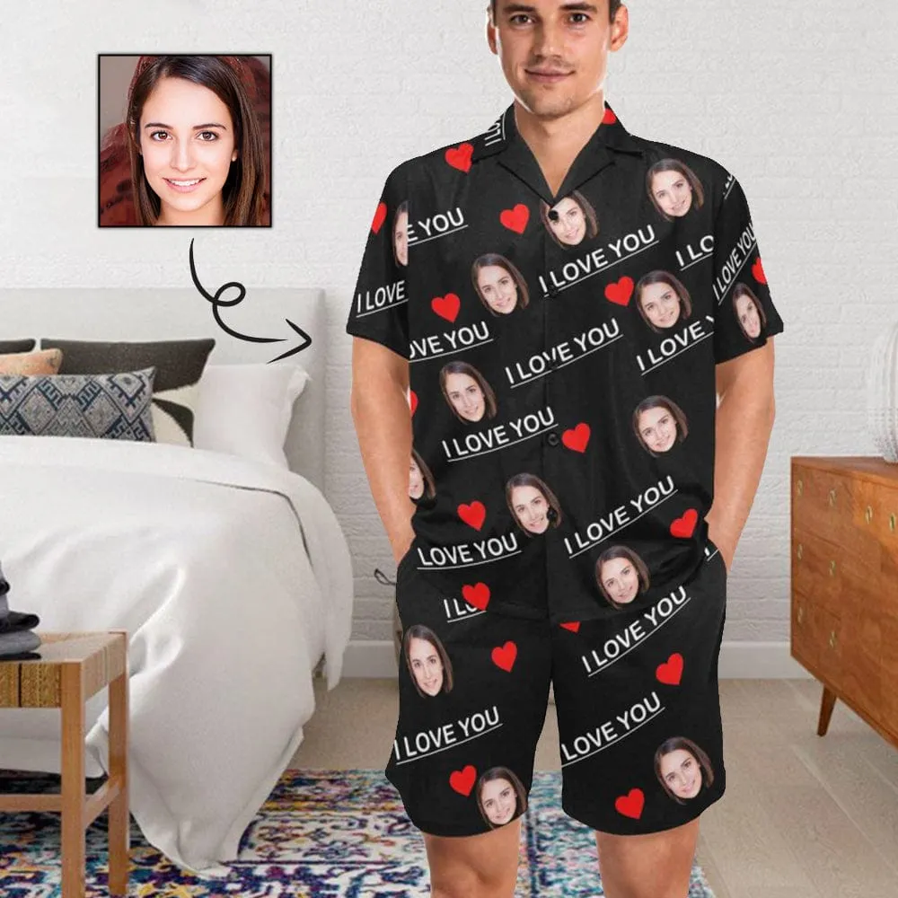 Custom Face Pajamas Personalized I Love You Men's V-Neck Short Sleeve Pajama Set Valentines Day Gift