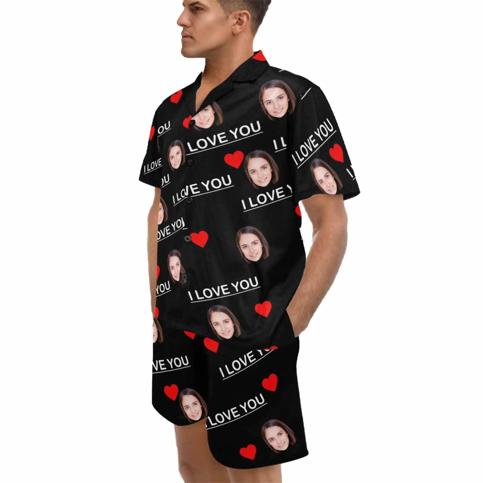 Custom Face Pajamas Personalized I Love You Men's V-Neck Short Sleeve Pajama Set Valentines Day Gift