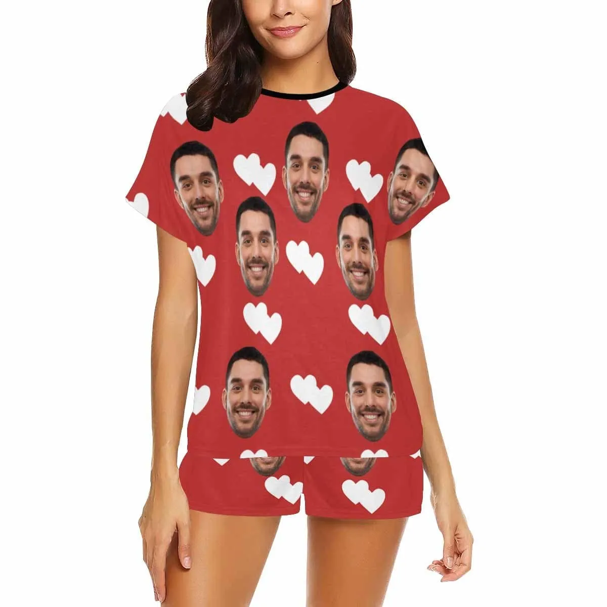 Custom Face Pajamas Red White Love Sleepwear for her Personalized Women's Short Pajama Set