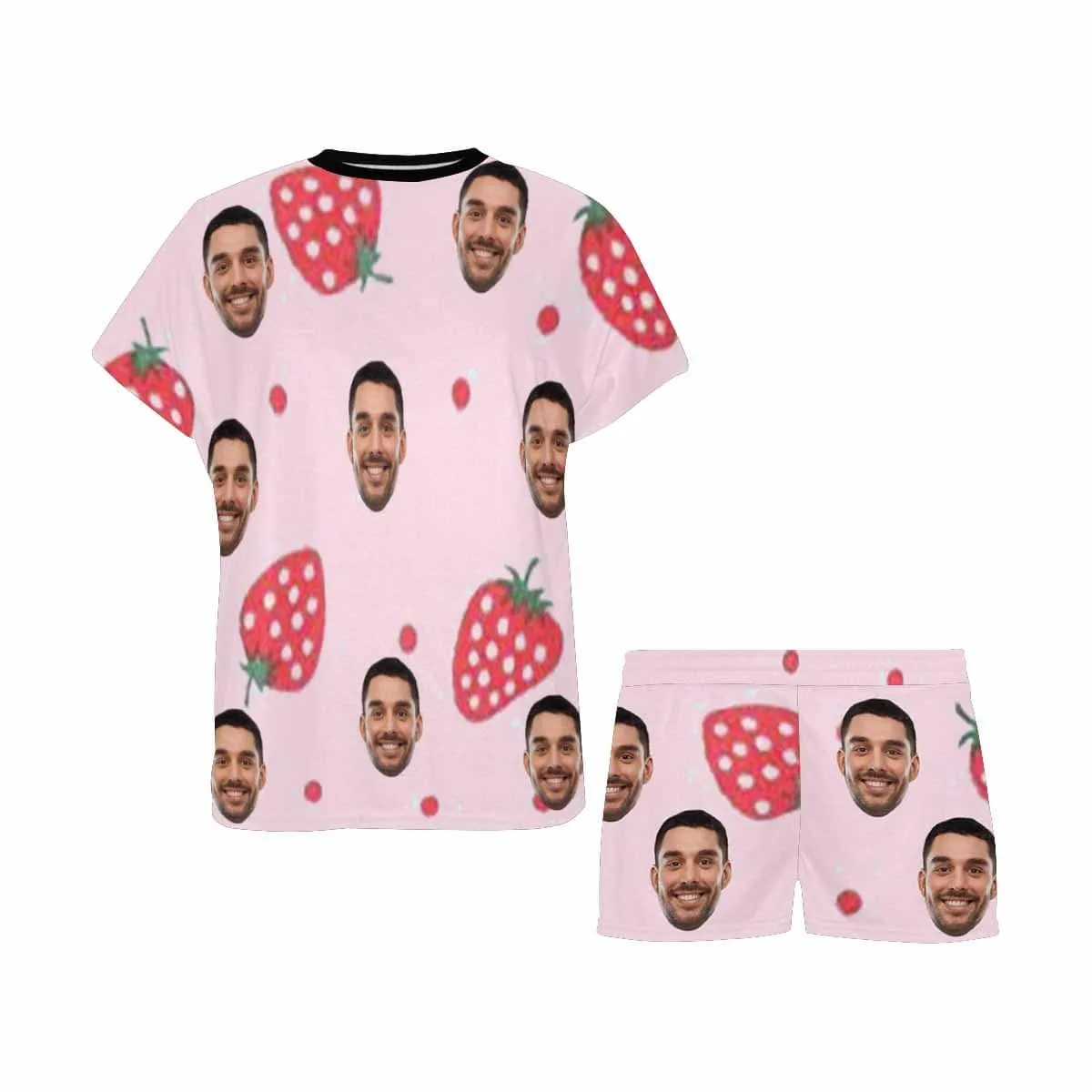 Custom Face Pajamas Strawberry Sleepwear Personalized Pink Women's Short Pajama Set