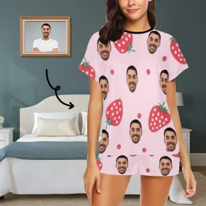 Custom Face Pajamas Strawberry Sleepwear Personalized Pink Women's Short Pajama Set