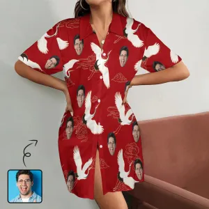 Custom Face Red-Crowned Crane Pattern Women's Satin Shirt Nightdress - Red