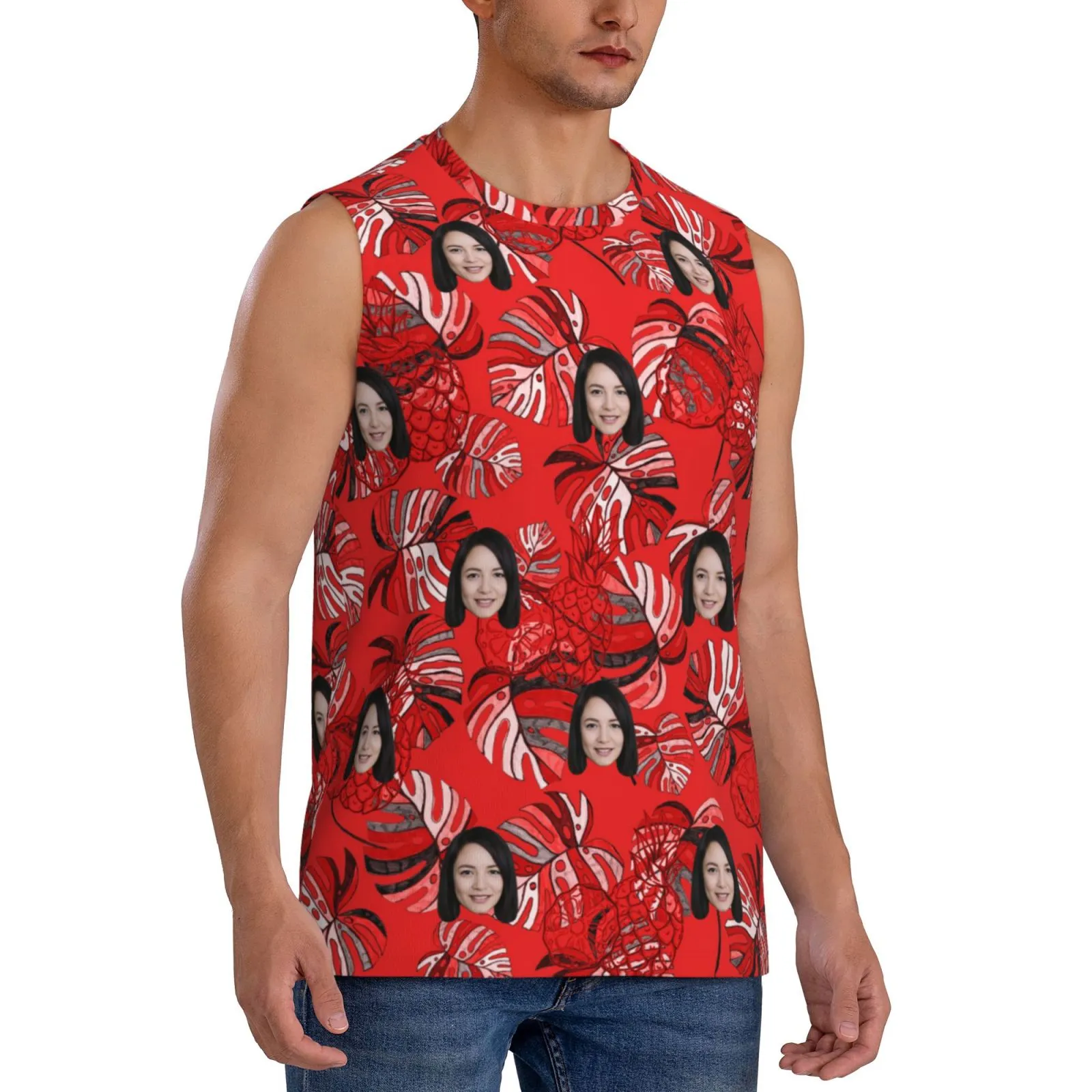 Custom Face Red Plant Men's Sleeveless T-Shirt Vest Tank Top