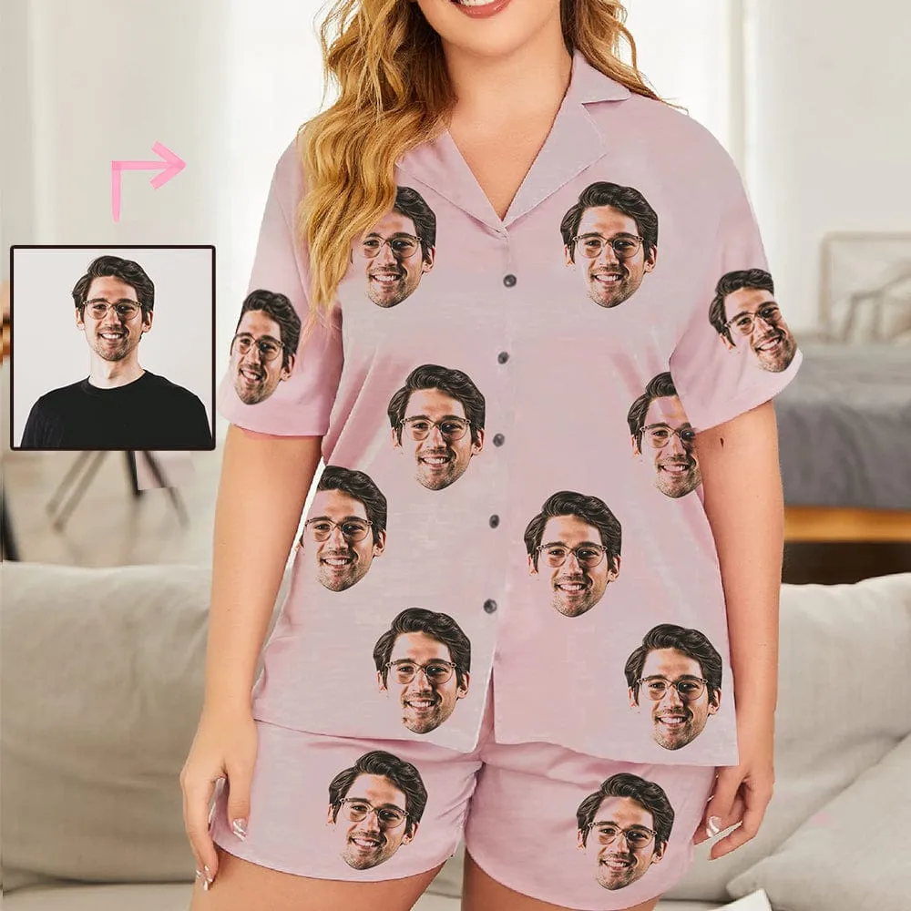 Custom Face Solid Color Loungewear Personalized Photo Sleepwear Women's V-Neck Short Pajama Set