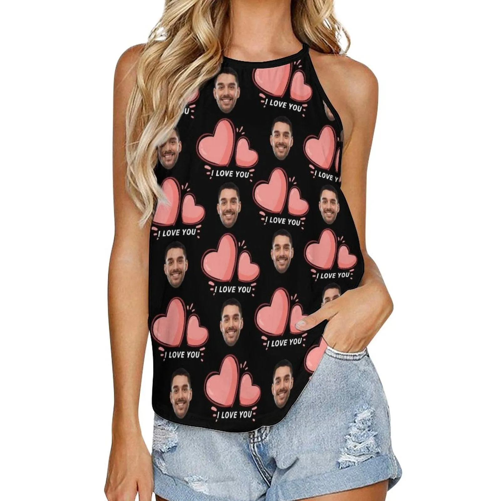 Custom Face Tops I Love You Summer Halterneck Strapless Print Vest Shirt Women's Loose Tank Top