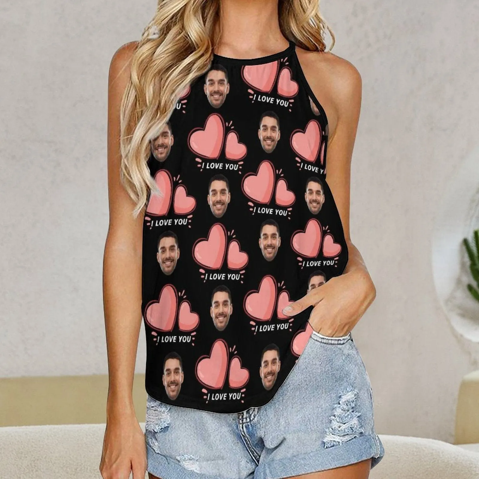 Custom Face Tops I Love You Summer Halterneck Strapless Print Vest Shirt Women's Loose Tank Top