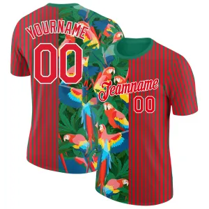 Custom Fire Red Kelly Green-White 3D Tropical Hawaii Palm Leaves And Animal Parrot Performance T-Shirt