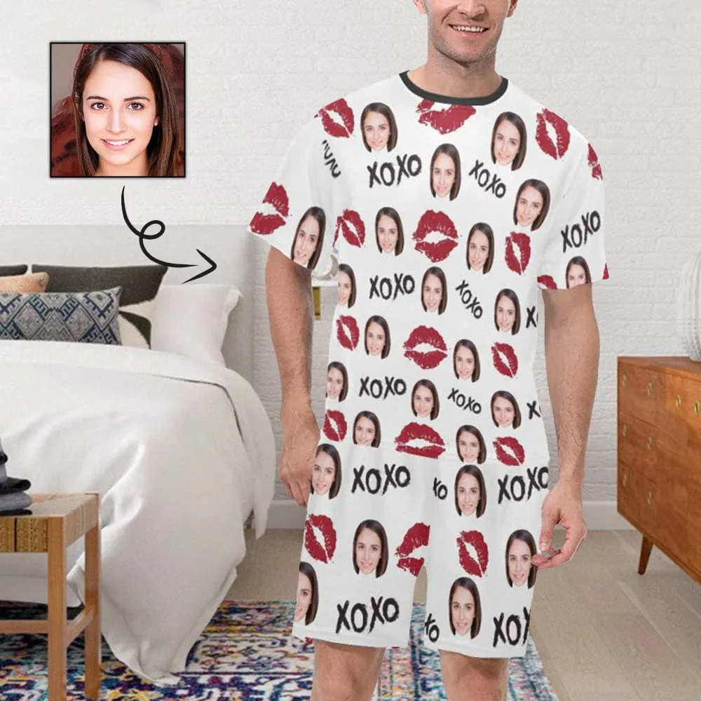 Custom Girlfriend Face Pajamas Personalized Red Lips Men's Crew Neck Short Sleeve Pajama Set with Photo Great Gift for Boyfriend or Husband