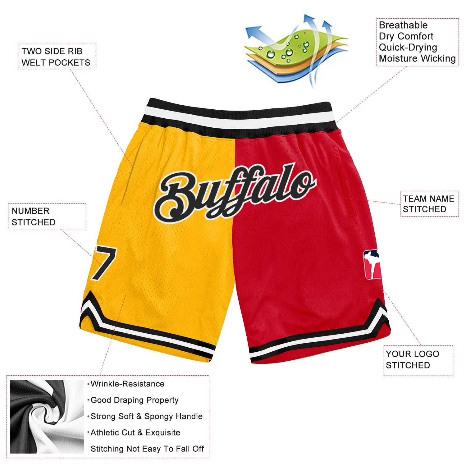 Custom Gold Black-Red Authentic Throwback Split Fashion Basketball Shorts