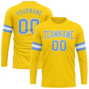 Custom Gold Light Blue-White Long Sleeve Performance T-Shirt