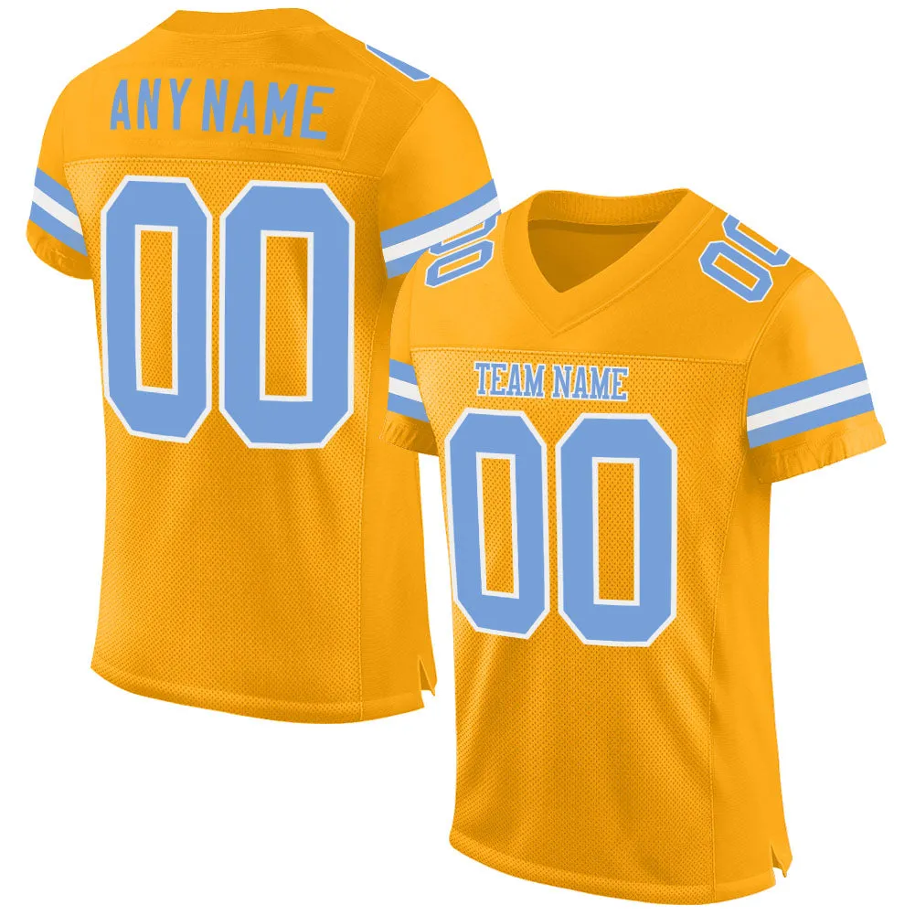 Custom Gold Light Blue-White Mesh Authentic Football Jersey