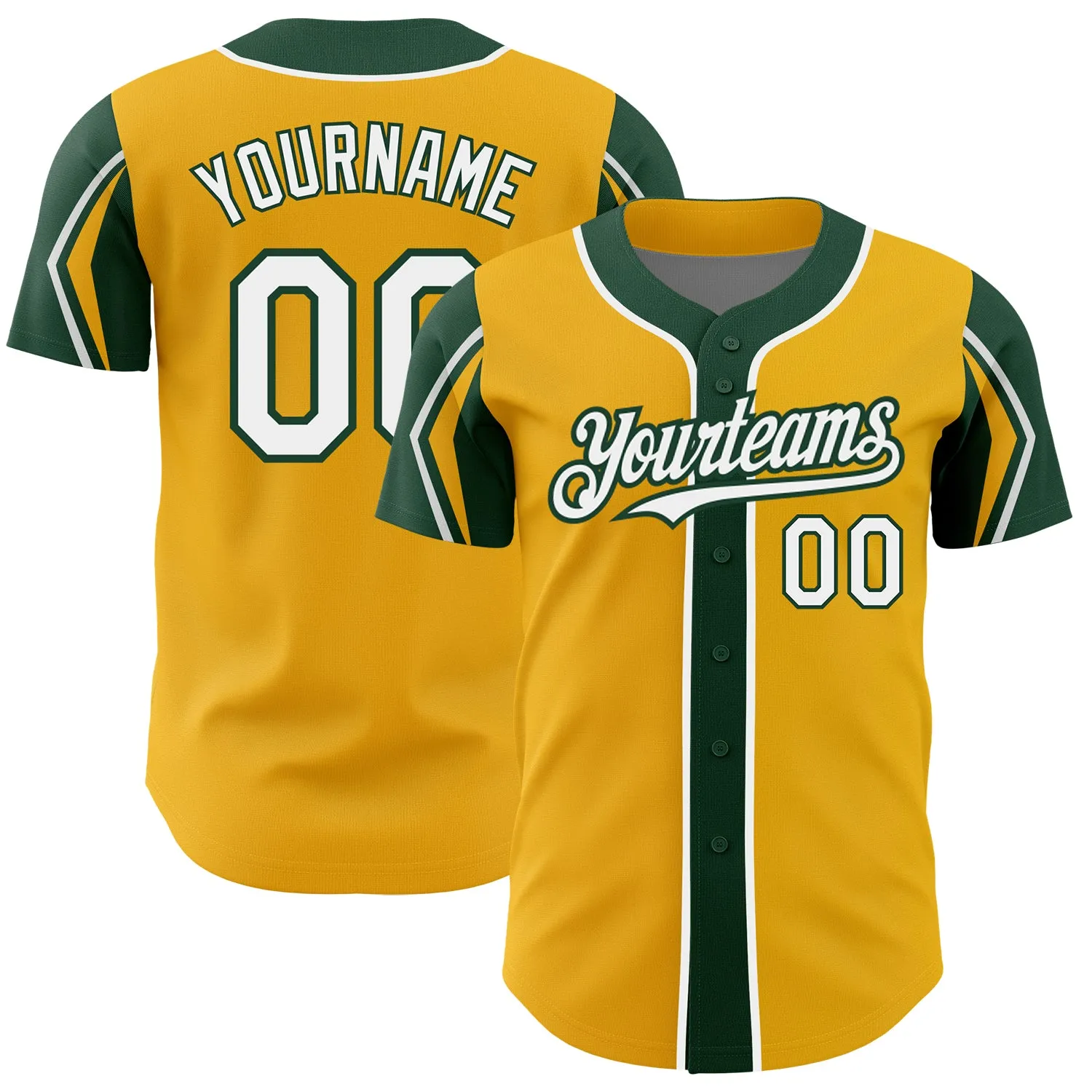 Custom Gold White-Green 3 Colors Arm Shapes Authentic Baseball Jersey