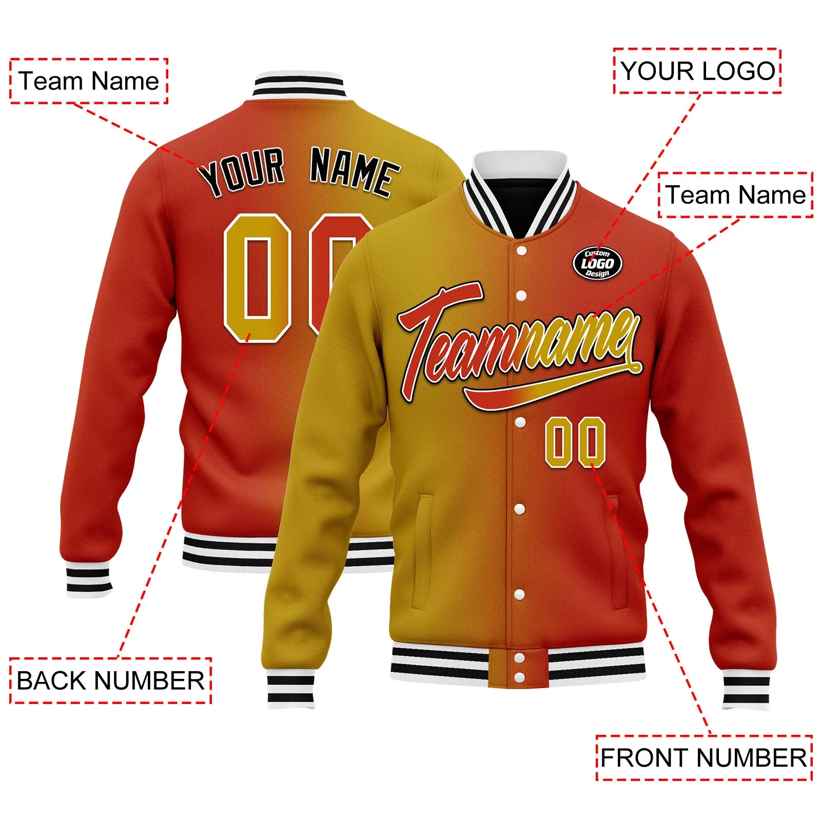 Custom Gradient Fashion Jacket Bomber Full-Snap Varsity Letterman Personalized Jacket FZ005-D028015-17