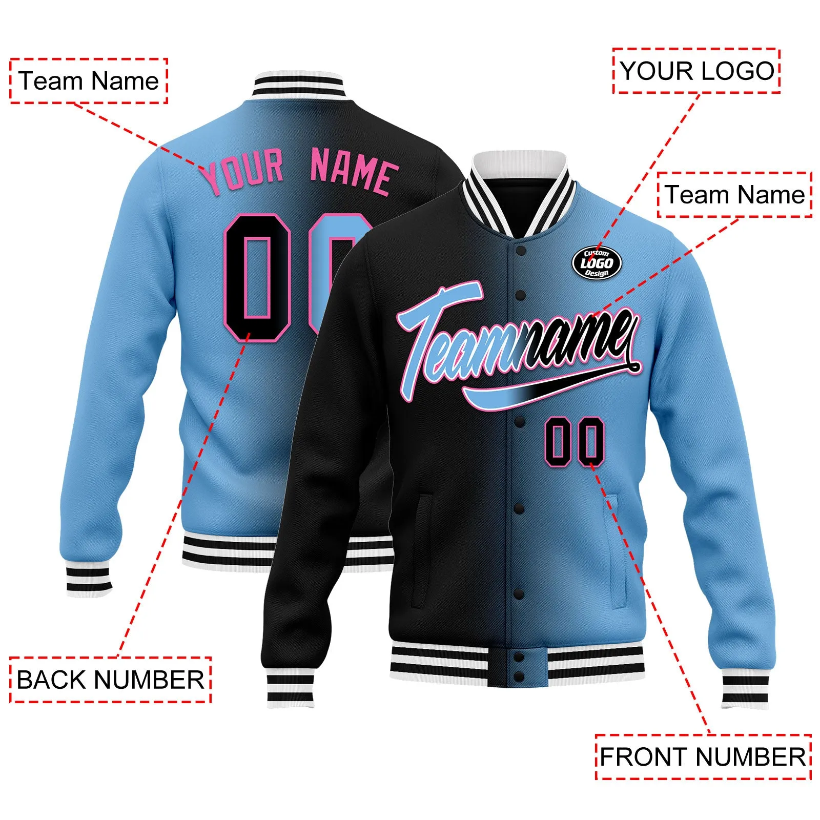 Custom Gradient Fashion Jacket Bomber Full-Snap Varsity Letterman Personalized Jacket FZ005-D028016-28