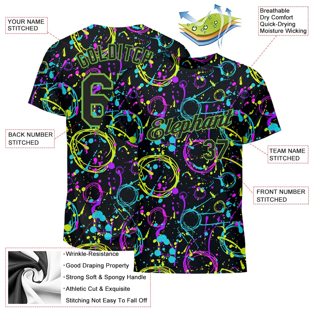 Custom Graffiti Pattern Black-Neon Green 3D Neon Splatter Performance T-Shirt