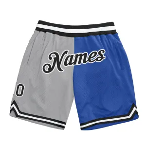 Custom Gray Black-Blue Authentic Throwback Split Fashion Basketball Shorts