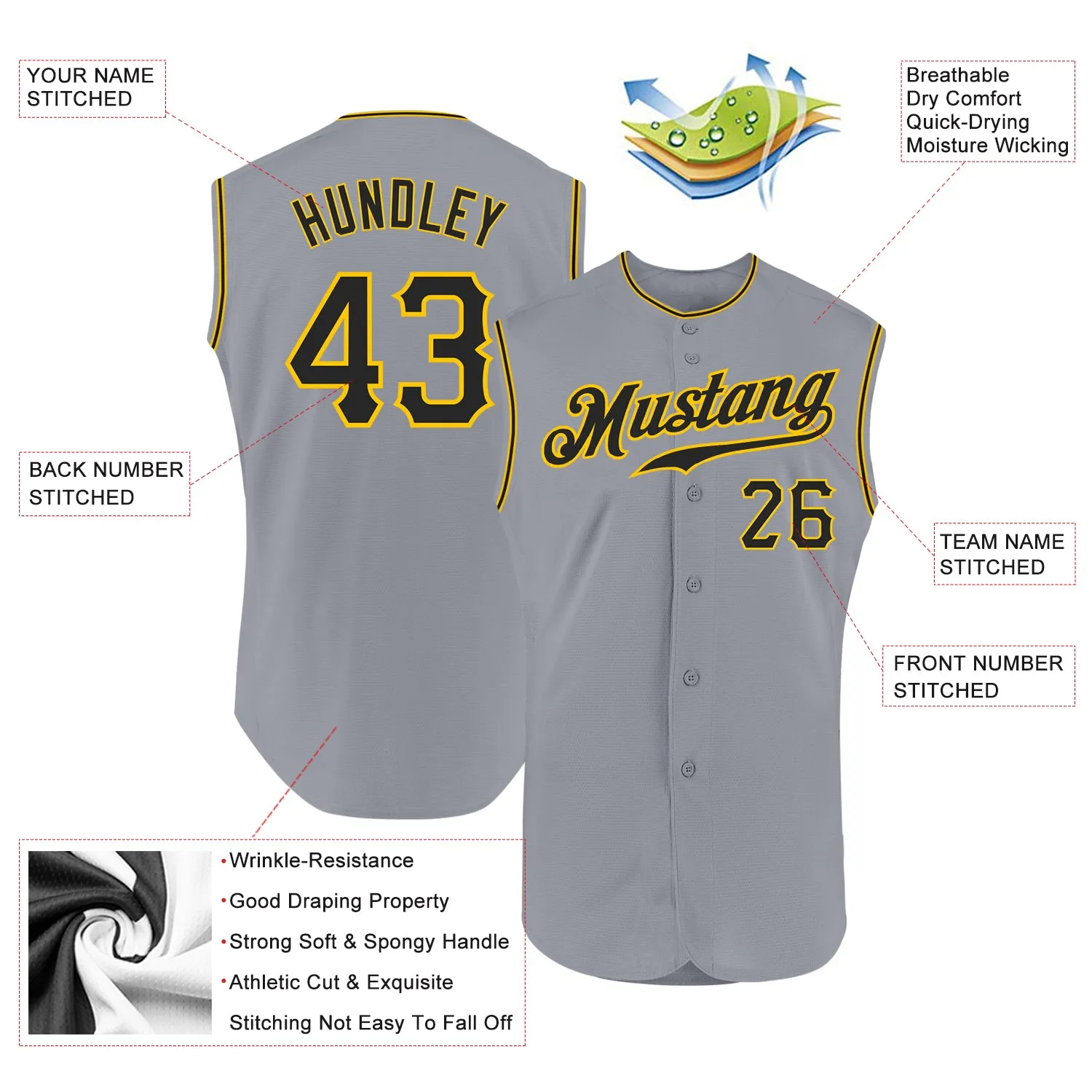 Custom Gray Black-Gold Authentic Sleeveless Baseball Jersey