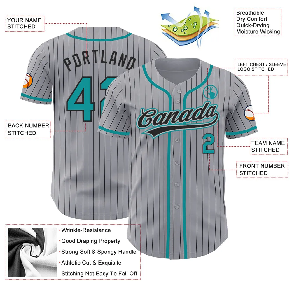 Custom Gray Black Pinstripe Teal Authentic Baseball Jersey