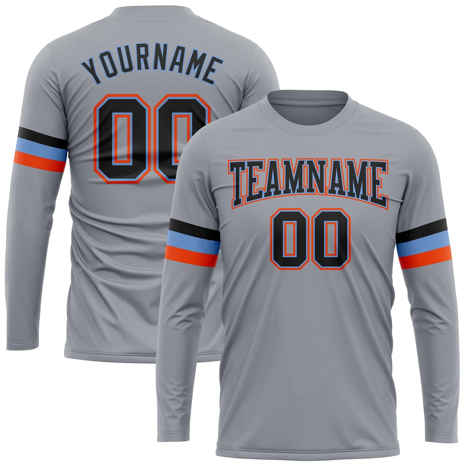 Custom Gray Black Powder Blue-Orange Long Sleeve Performance T-Shirt