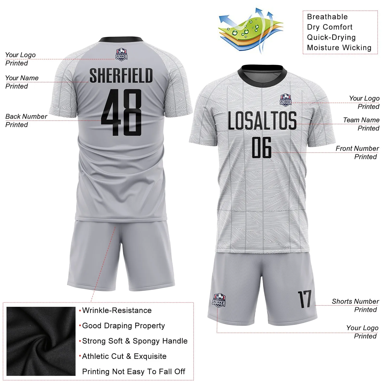 Custom Gray Black-White Sublimation Soccer Uniform Jersey