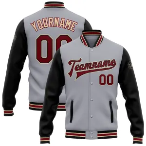 Custom Gray Crimson Black-City Cream Bomber Full-Snap Varsity Letterman Two Tone Jacket