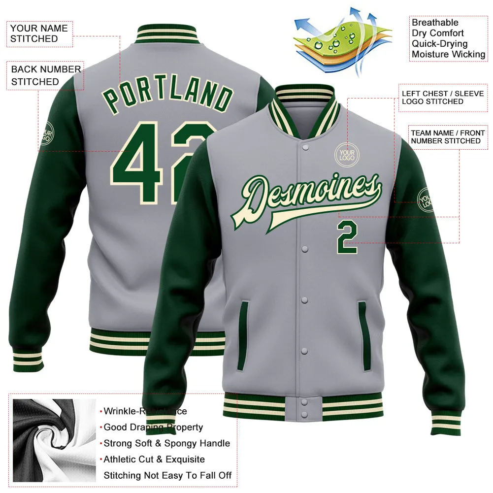 Custom Gray Green-Cream Bomber Full-Snap Varsity Letterman Two Tone Jacket