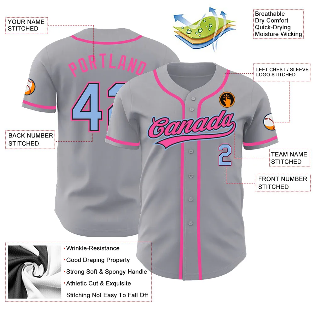 Custom Gray Light Blue Black-Pink Authentic Baseball Jersey