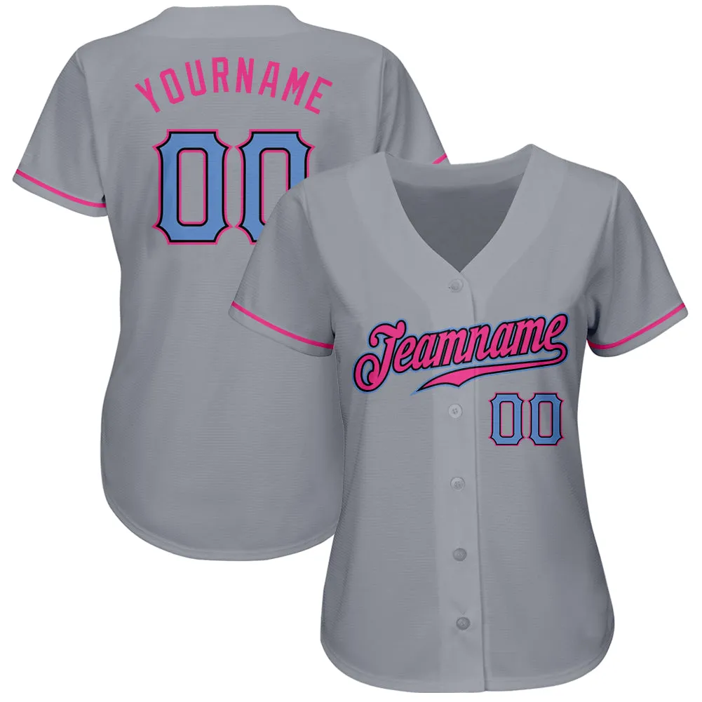 Custom Gray Light Blue-Pink Authentic Baseball Jersey