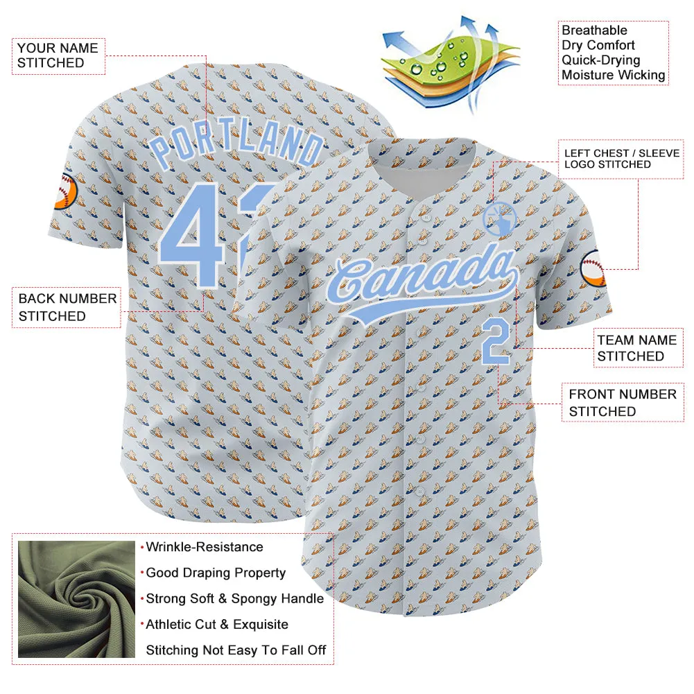 Custom Gray Light Blue-White 3D Pattern Design Animal Bear Surfing Authentic Baseball Jersey