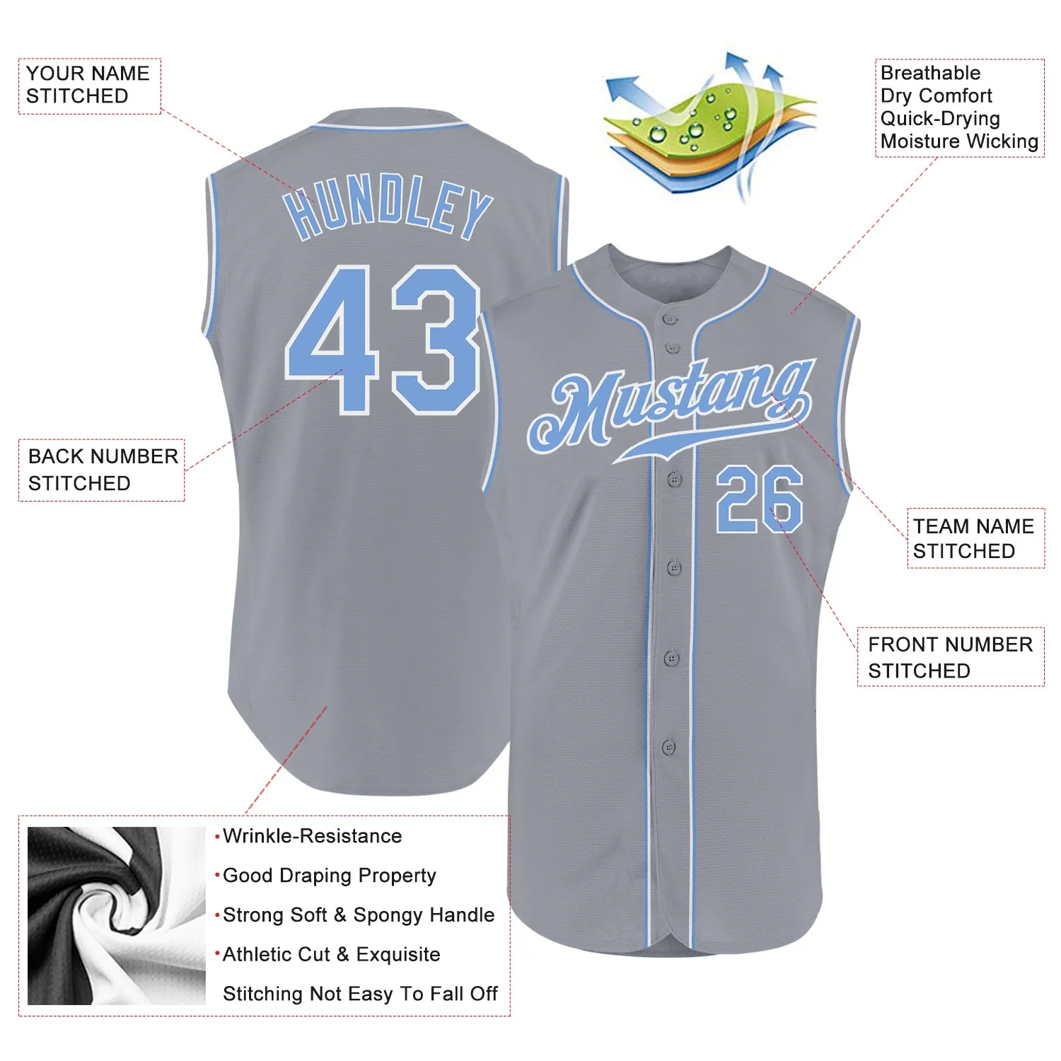 Custom Gray Light Blue-White Authentic Sleeveless Baseball Jersey