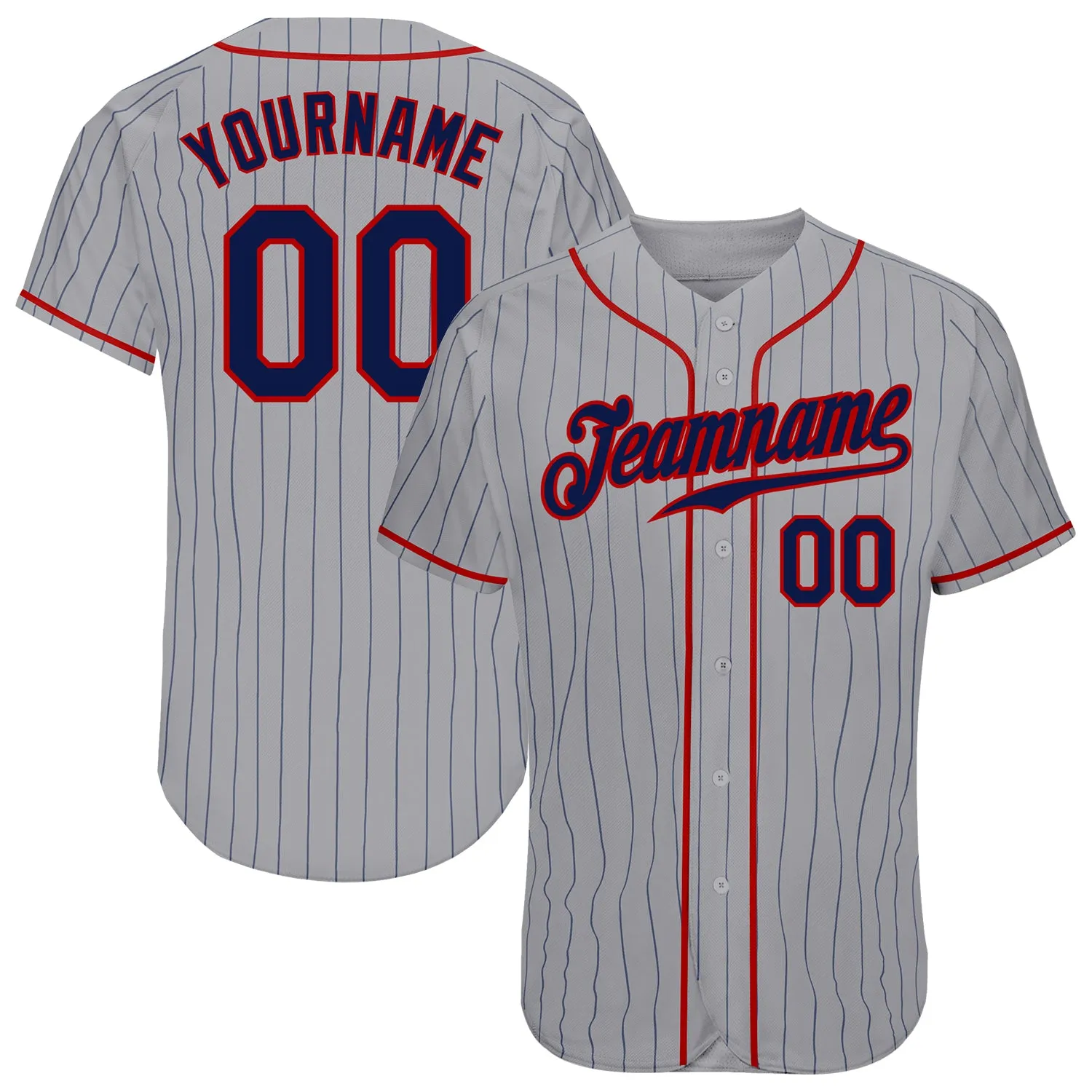 Custom Gray Navy Pinstripe Navy-Red Authentic Baseball Jersey