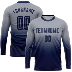 Custom Gray Navy Sublimation Long Sleeve Fade Fashion Soccer Uniform Jersey