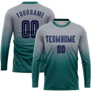 Custom Gray Navy-Teal Sublimation Long Sleeve Fade Fashion Soccer Uniform Jersey