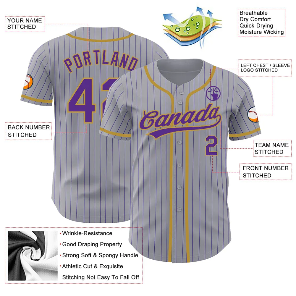 Custom Gray Purple Pinstripe Old Gold Authentic Baseball Jersey